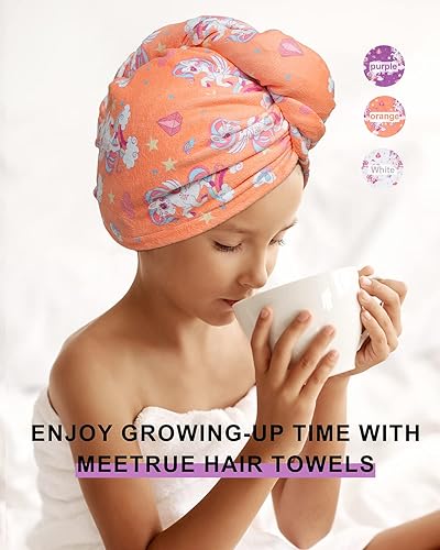 Miniatura 6 de MEETRUE Toalla de pelo para niños para niñas, paquete de 3 toallas de microfibra de unicornio para niños, toalla de pelo con botón, toalla de