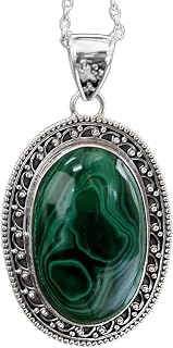 NOVICA Artisan Handmade Malachite Pendant Necklace Sterling Silver Jewelry from India Green [17.75 in L 2 mm W Pendant(s) 2.3 in L x 1.3 in W x 0.4 in D] ' Forest Whirlwind'