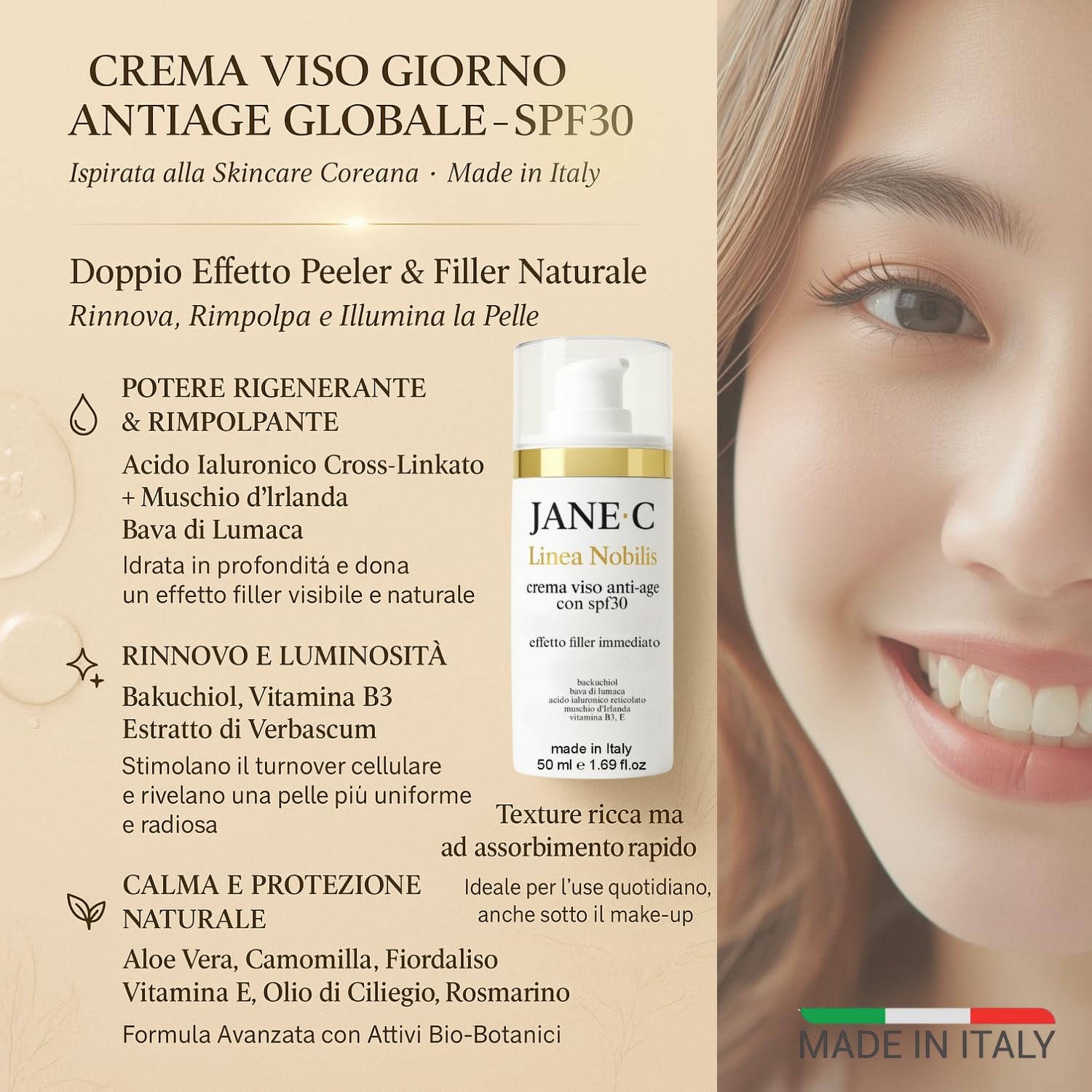 JANE•C Crema Viso Antirughe Effetto filler con SPF30 – Skincare Coreana Anti-Age con Retinolo Vegetale,Bava di Lumaca, Acido Ialuronico, Vitamina B3 – Idratante e Illuminante – 50ml Made in Italy