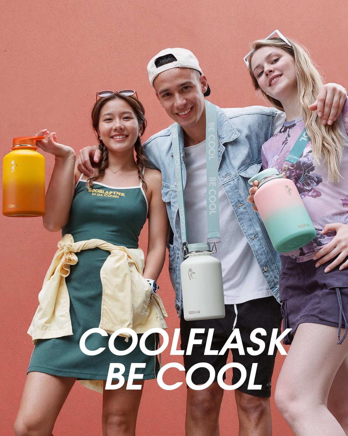Coolflask Water Bottle with Straw, 40 oz Insulated Metal Water Flask with Straw & Spout Lids, Stainless Steel Double Wall Vacuum, Keep Cold 48h Hot 24h, Leak Proof, BPA-Free, Yellow/Orange