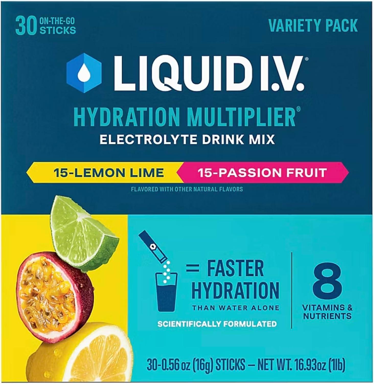 Liquid I.V. Hydration Multiplier Variety Pack, Lemon Lime & Passion Fruit 30ct
