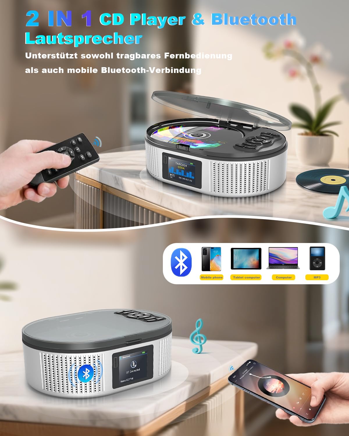 Lecteurs CD Portable Bluetooth 5.3 avec Double Haut-Parleur Stéréo, 4000mAh Rechargeable Lecteur CD Bluetooth contrôle à Distance, écran LCD, Prise en Charge Radio FM/USB/AUX Lecteur CD Portable