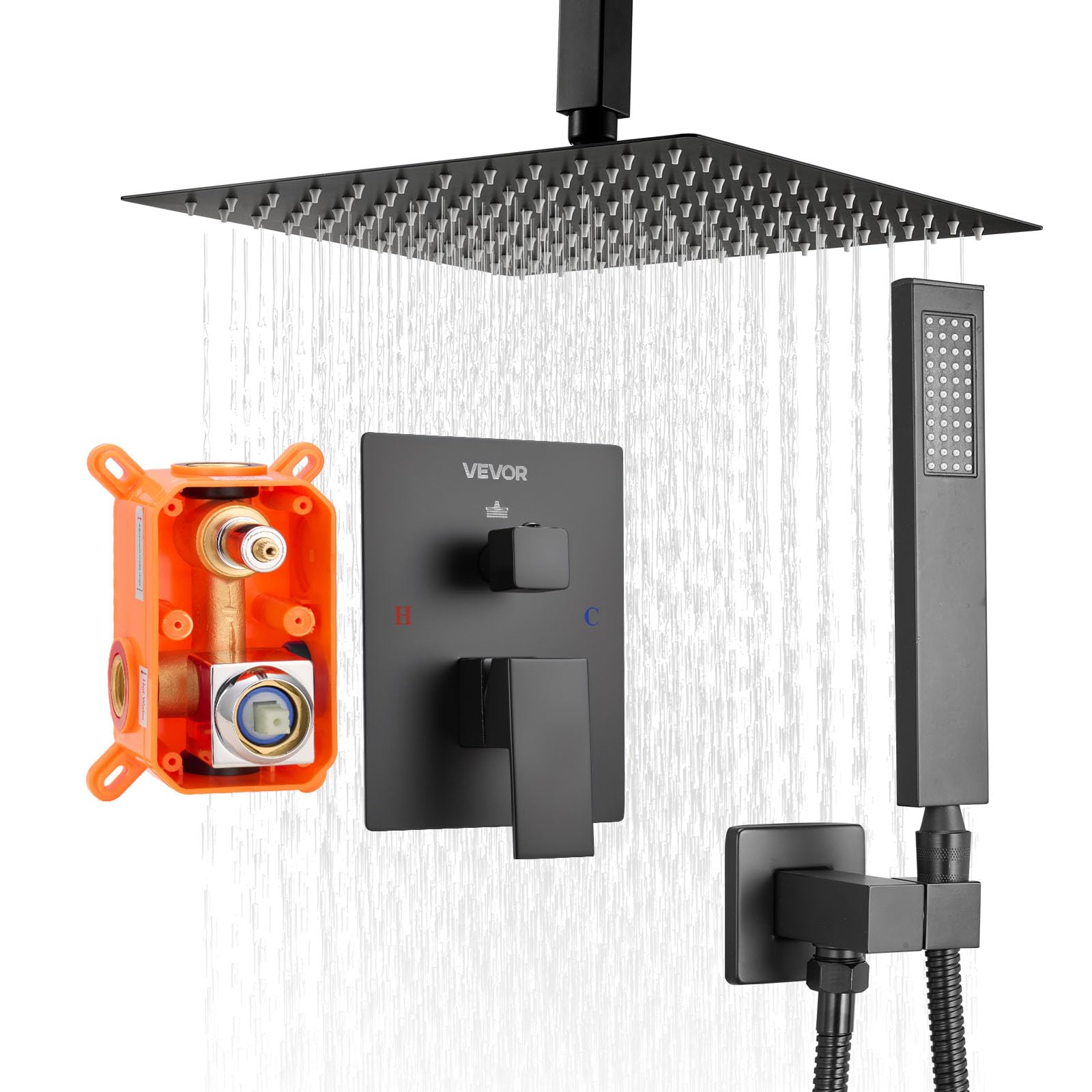 VEVOR Juego de Grifo de Ducha de Lluvia con Cabezal de Ducha Cuadrado de 25,4 cm y Rociador de Mano, Grifería de Techo con Válvula de Latón y Kit de Embellecedor, 6,7 L/min, Color Negro Mate