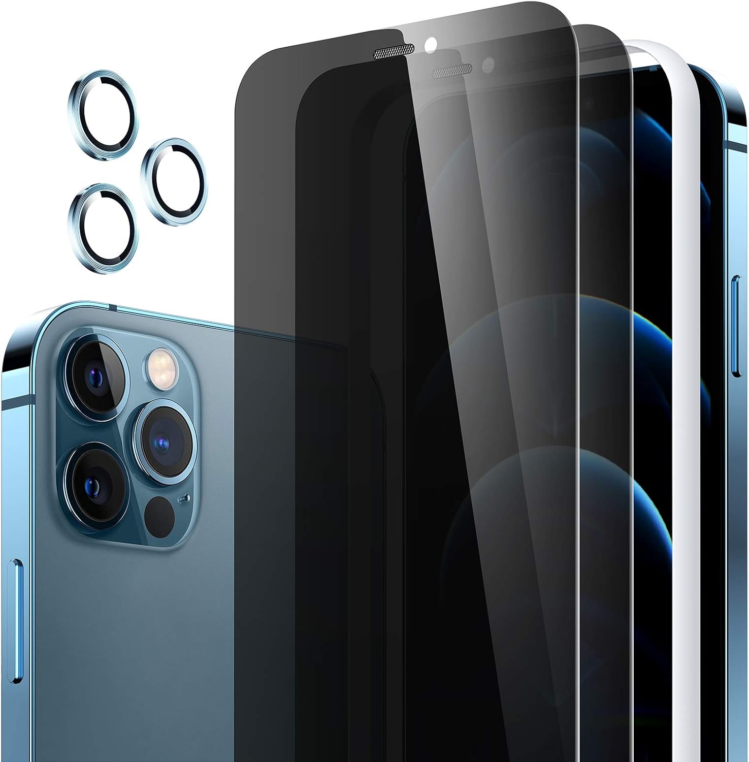 Meifigno [2 Pack] Privacy Screen Protector Designed for iPhone 12 /12 Pro, with 3 Pics Separated Camera Lens Protectors, [Full Coverage] [9H Hardness] Anti-Spy Tempered Glass Film, Designed for 12/12 Pro 6.1 Inch