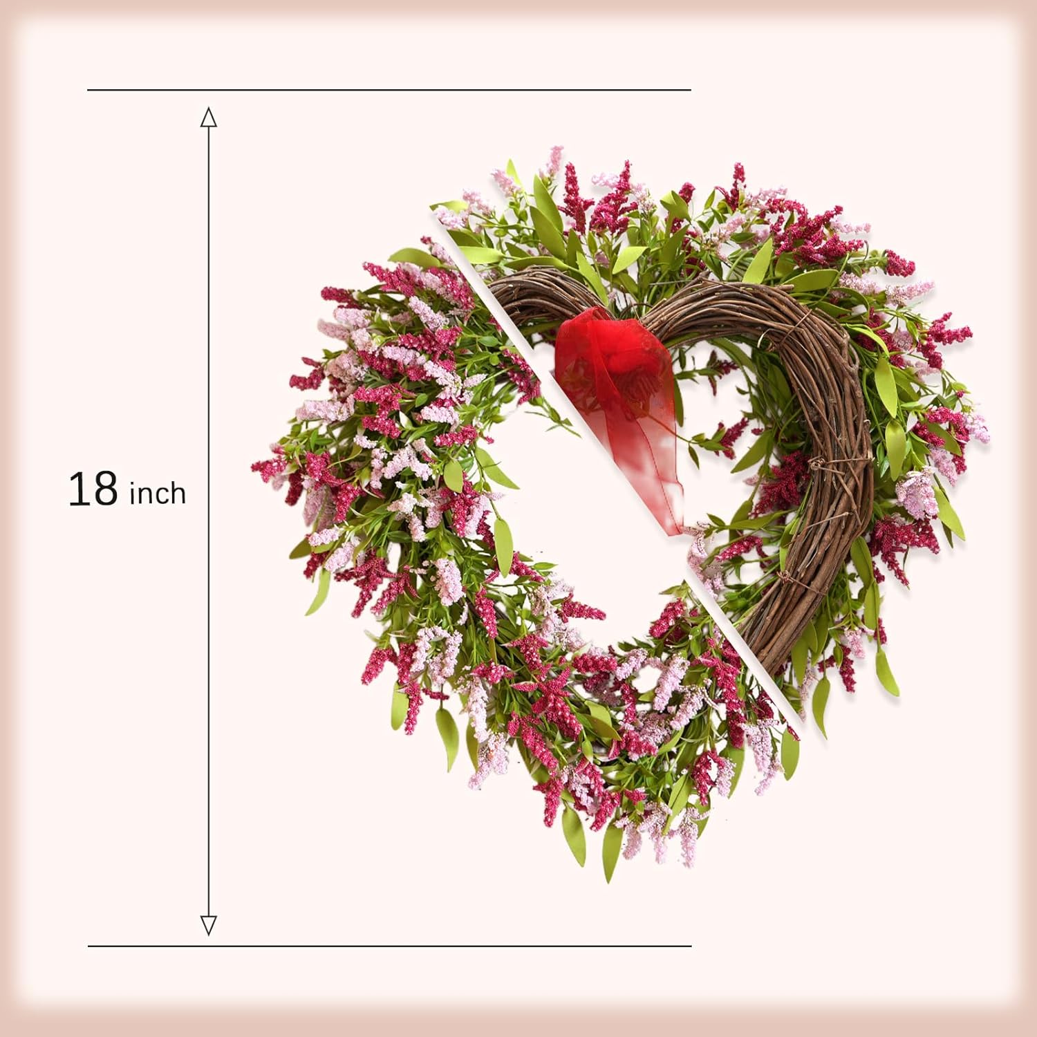 idyllic 18 Inch Spring Pink Tassel Heart Wreath, Artificial Pink Spikes & Green Leaf Decor for Front Door Indoor Mantel Table Valentine Wedding Anniversary Dinner Gift