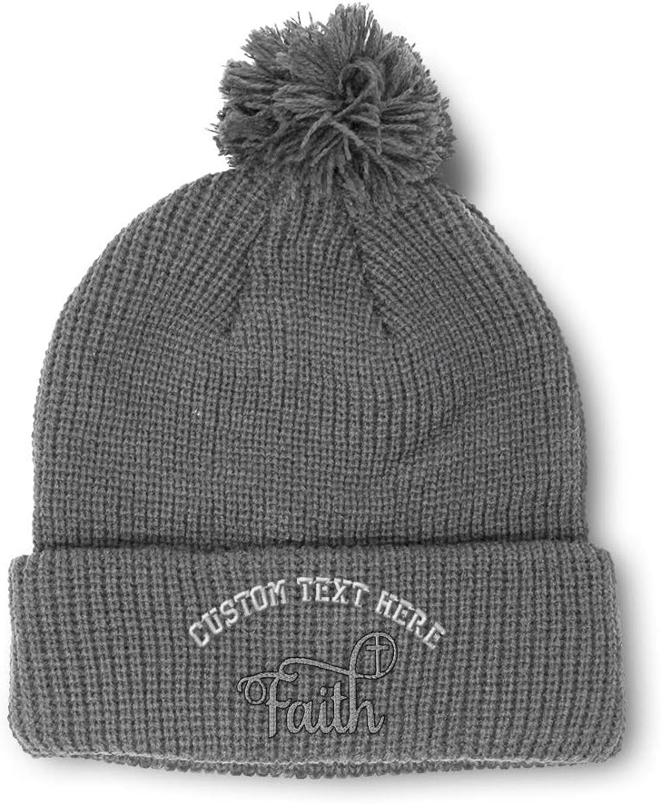 Pom Pom Beanies for Women Faith Christian Cross Embroidery Skull Cap Winter Hats for Men Acrylic 1 Size