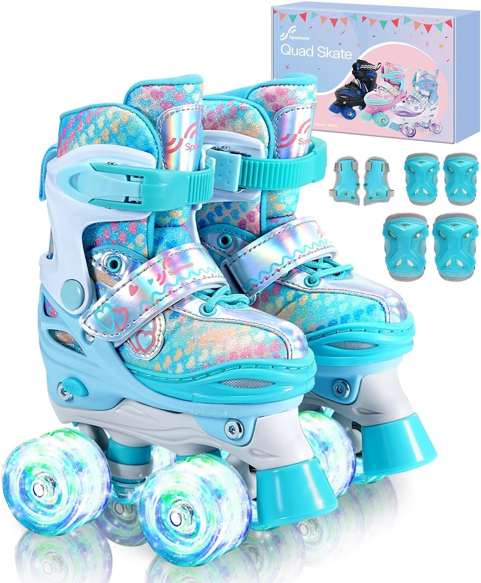 Sportneer Kids Roller Skates: 4 Size Adjustable Quad Skates with Light Up Wheels for 5-8, 8-12 Girls Boys Kids Toddlers Beginners, Birthday Gift with Protective Gear Set for Outdoor Indoor Blue X Small - Toddler