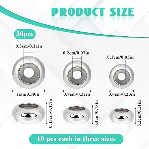 Miniatura 2 de 30 cuentas de tapón para pulseras de dijes, cuentas espaciadoras de acero inoxidable 304, cuentas ajustables, cuentas sueltas de metal deslizantes,
