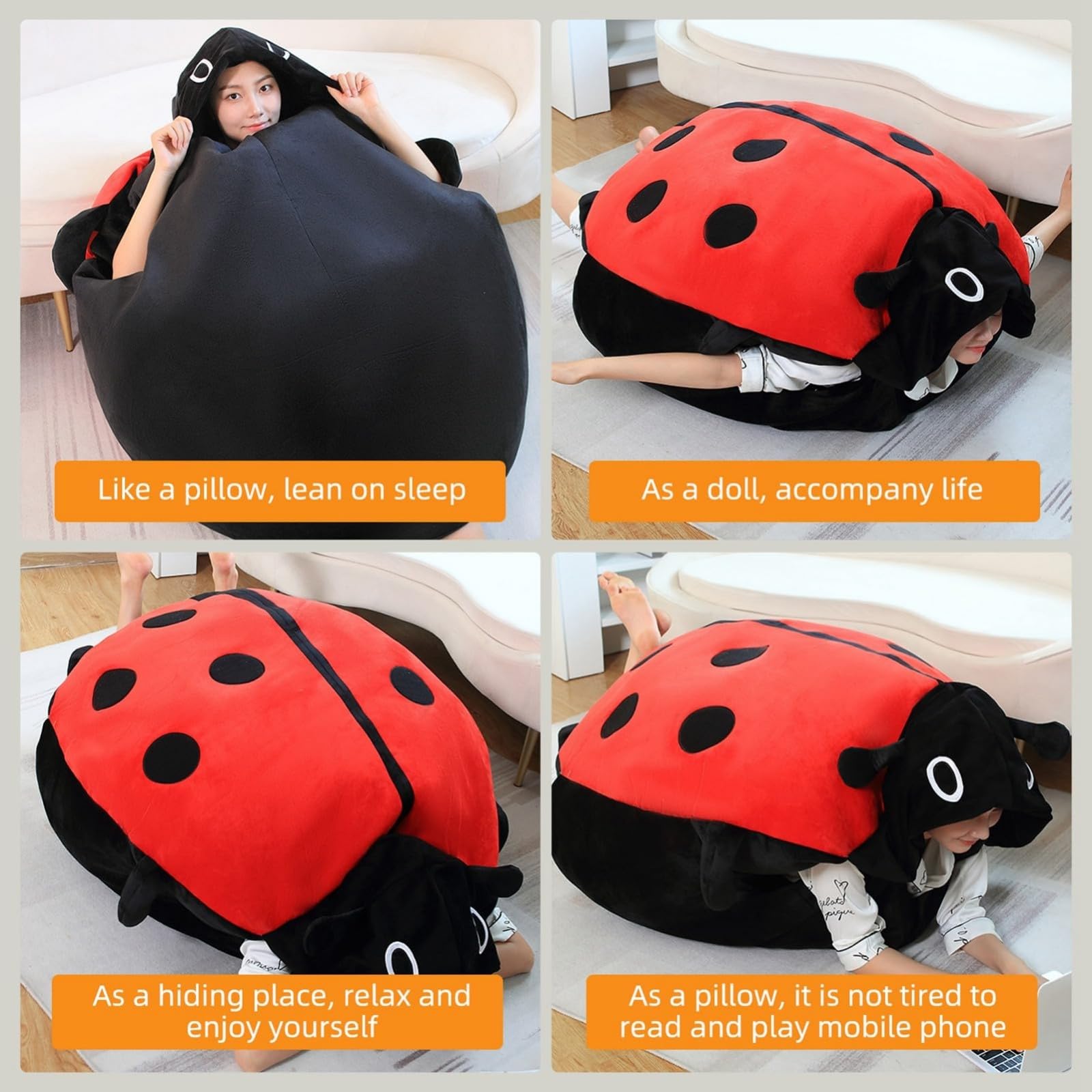 Cuscino Peluche Portatile Coccinella da 100 cm, Grande Cuscino Morbido a Forma di Scarabeo, Cuscino Gigante Extra Morbido e Peloso per Relax e Comfort in Casa