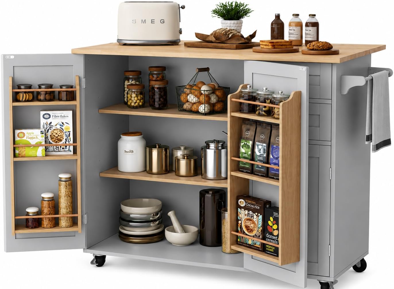 HLR Kitchen Island with Storage, Grey Rolling Kitchen Island on Wheels with Drop-Leaf Bar Countertop, Prep Table with Side Open Spice Rack and Tower Rack, Home Bar Carts with Storage