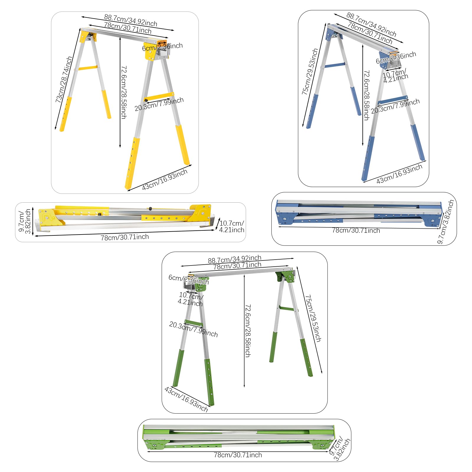 Juego de 2 caballetes de trabajo plegables, altura regulable hasta 1200 kg | Caballete plegable con 6 alturas y 4 ganchos para taller, garaje, construcción y jardín