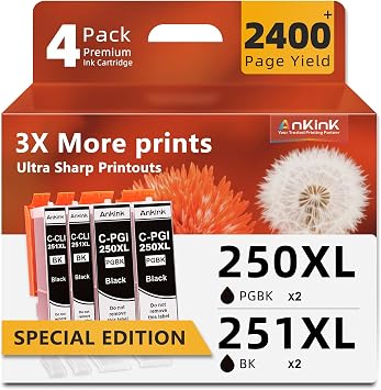 PGI-250XL Compatible Ink Cartridges Replacement for Canon 250 251 XL CLI-251XL PGI250XL CLI251XL Use with Cannon PIXMA MX922 MX920 IX6820 IP8720 MG5420 MG5520 MG6320 MG7120 MG7520PGBK Black4 Pack