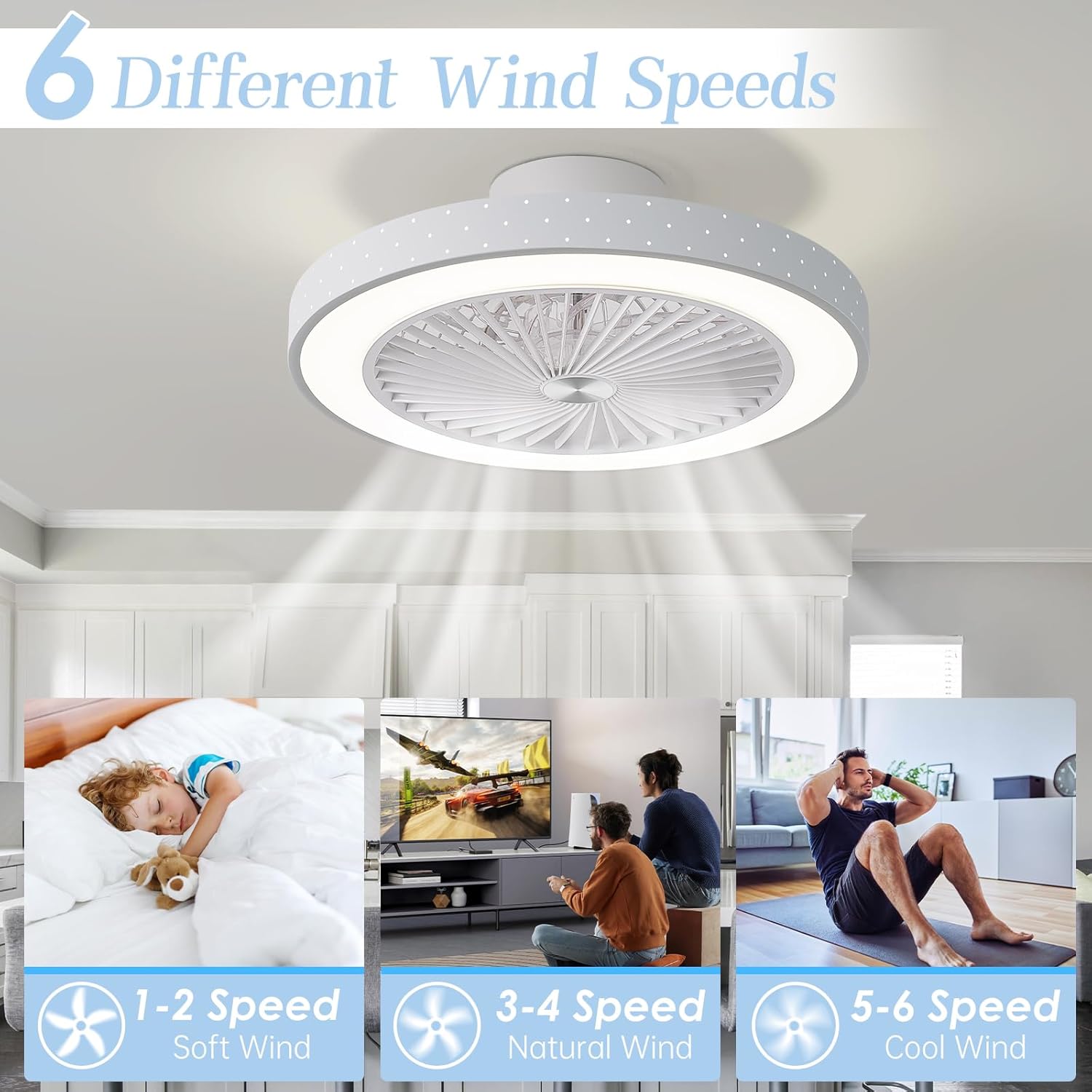 POWROL Ceiling Fans with Lights Low Profile Flush Mount with Remote Control 6 Wind Speeds Dimmable 3 Colors Iron 18.9Inch Invisible Bladeless Enclosed White Fan Light for Bedroom Kitchen image 3 of 8 B09KBCVGQ6
