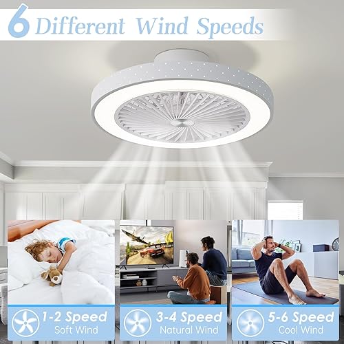 Miniatura 3 de POWROL Ventilador de techo de perfil bajo con luz, sin aspas, control remoto, ventiladores de techo con luces, 3 velocidades, regulables, 3 colores,