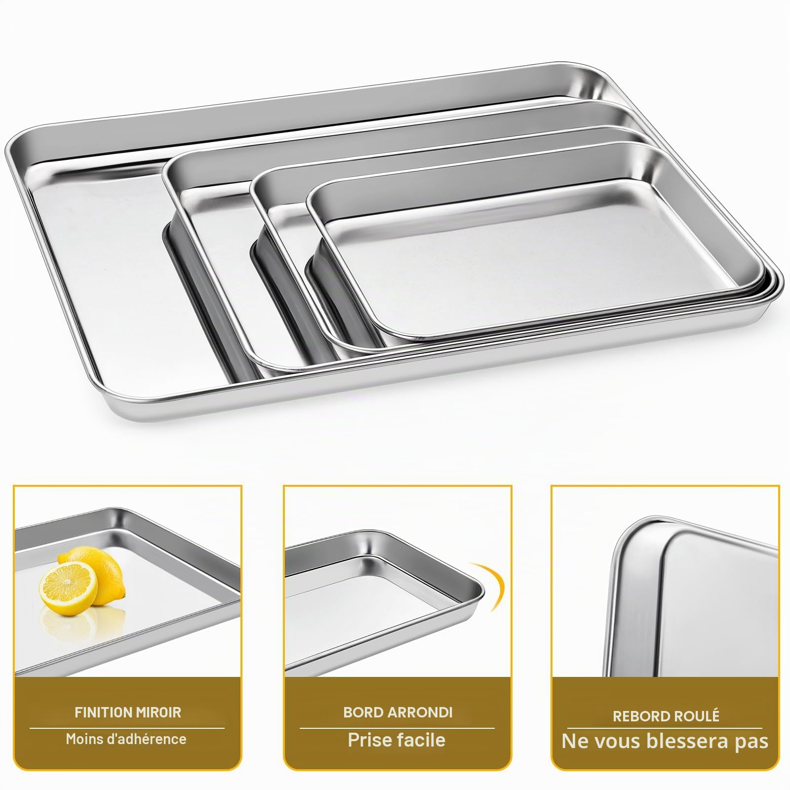 Essentials Lot de 4 plaques de cuisson en acier inoxydable, ensemble de plaques de cuisson à bord – Saines et non toxiques, faciles à nettoyer et passent au lave-vaisselle (grande taille)