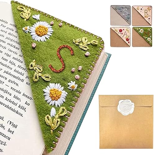 Marcapáginas de esquina bordado a mano, 26 letras cosidas a mano, marcador de letras de esquina de fieltro, bonitos marcadores bordados de flores