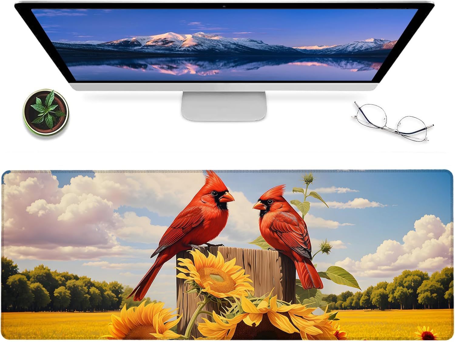 Red Cardinal Gaming Mouse Pad – 12x31.5in Non-Slip Rubber Desk Mat with Bird Yellow Sunflower Design – Large Extended Mousepad for Office Home Laptop – Game Deskmat Gifts Decor