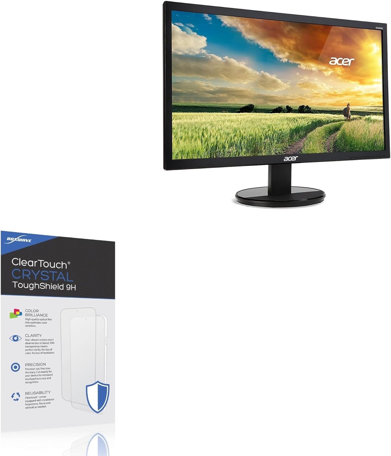 BoxWave Screen Protector Compatible With Acer K2 (K242HYL) - ClearTouch Crystal ToughShield 9H (2-Pack), Clear 9H Tough Flexible Film Screen Protector