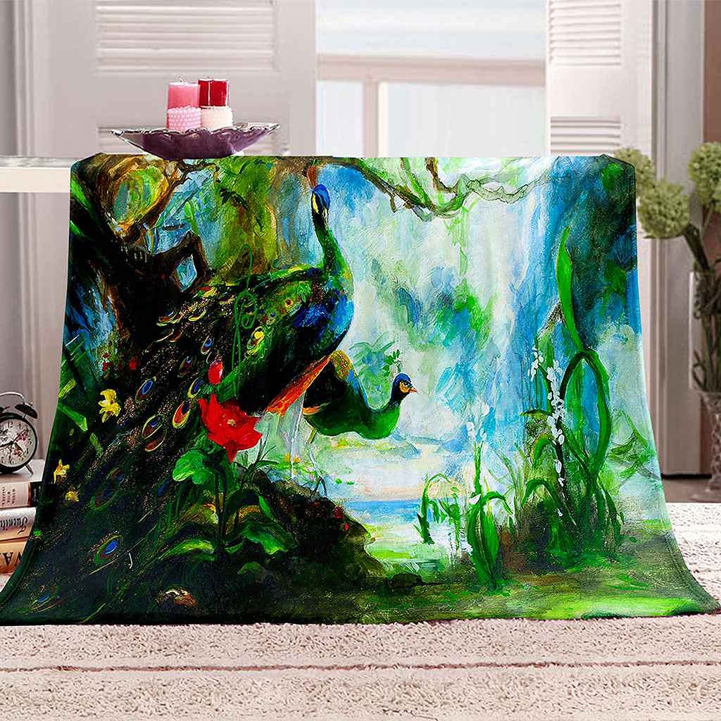Couverture canapé paon flanelle 3D plaid microfibre doux pour vos soirées cocooning et déplacements