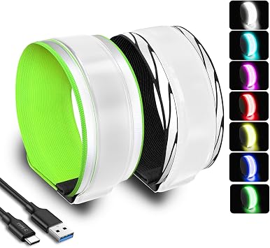 RGB 7 Colors Switchable LED Armband, USB-C Rechargeable, 360 Reflective Running Light for Runners, High Visibility Reflective Running Gear for Joggers Bikers Walkers
