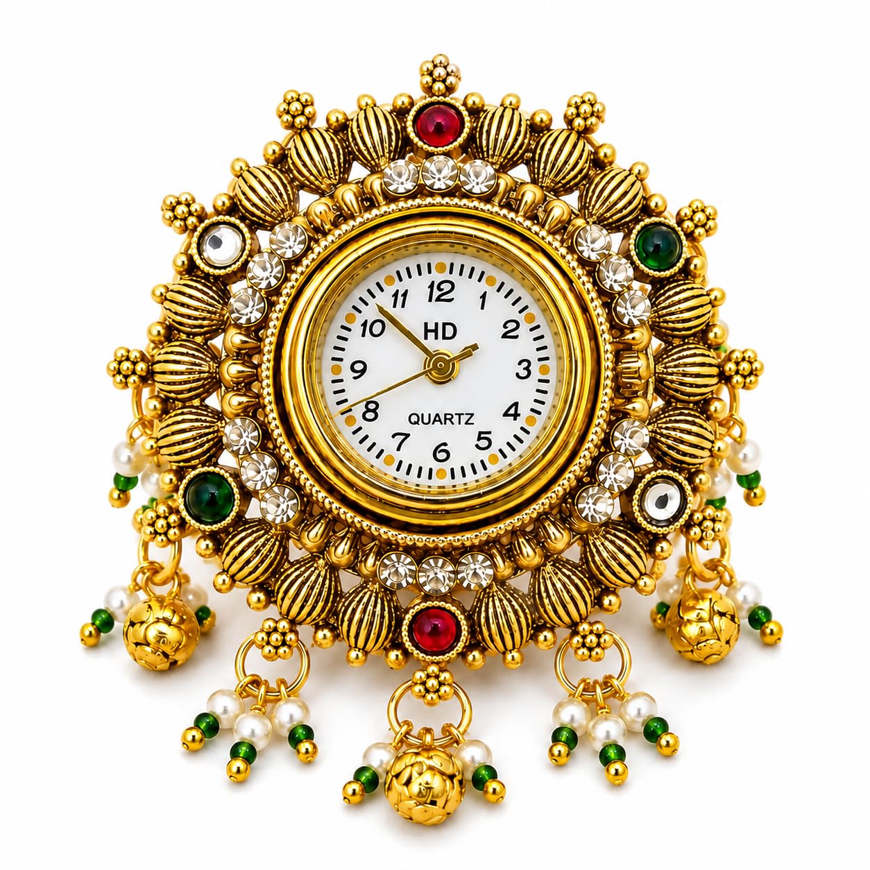 Antique Kashmiri Finger Ring Watch for Women | Gold Plated Traditional Designer Floral Ring Watch with Red Green & White Artificial Stones-picture-36