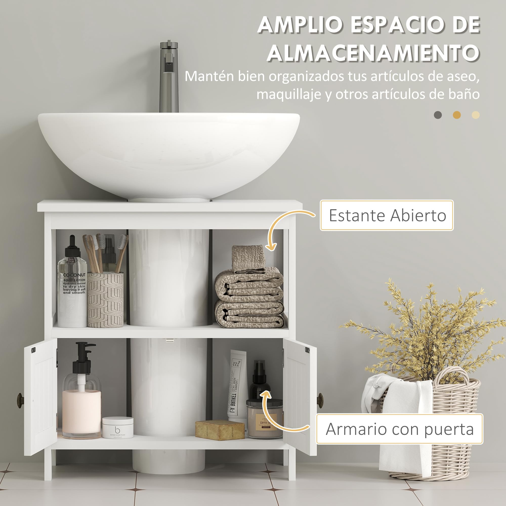kleankin Mueble para Debajo del Lavabo con 2 Puertas 60x30x60 cm Blanco | Estante Abierto, Mueble Lavabo con Pie Moderno, Carga 30 kg