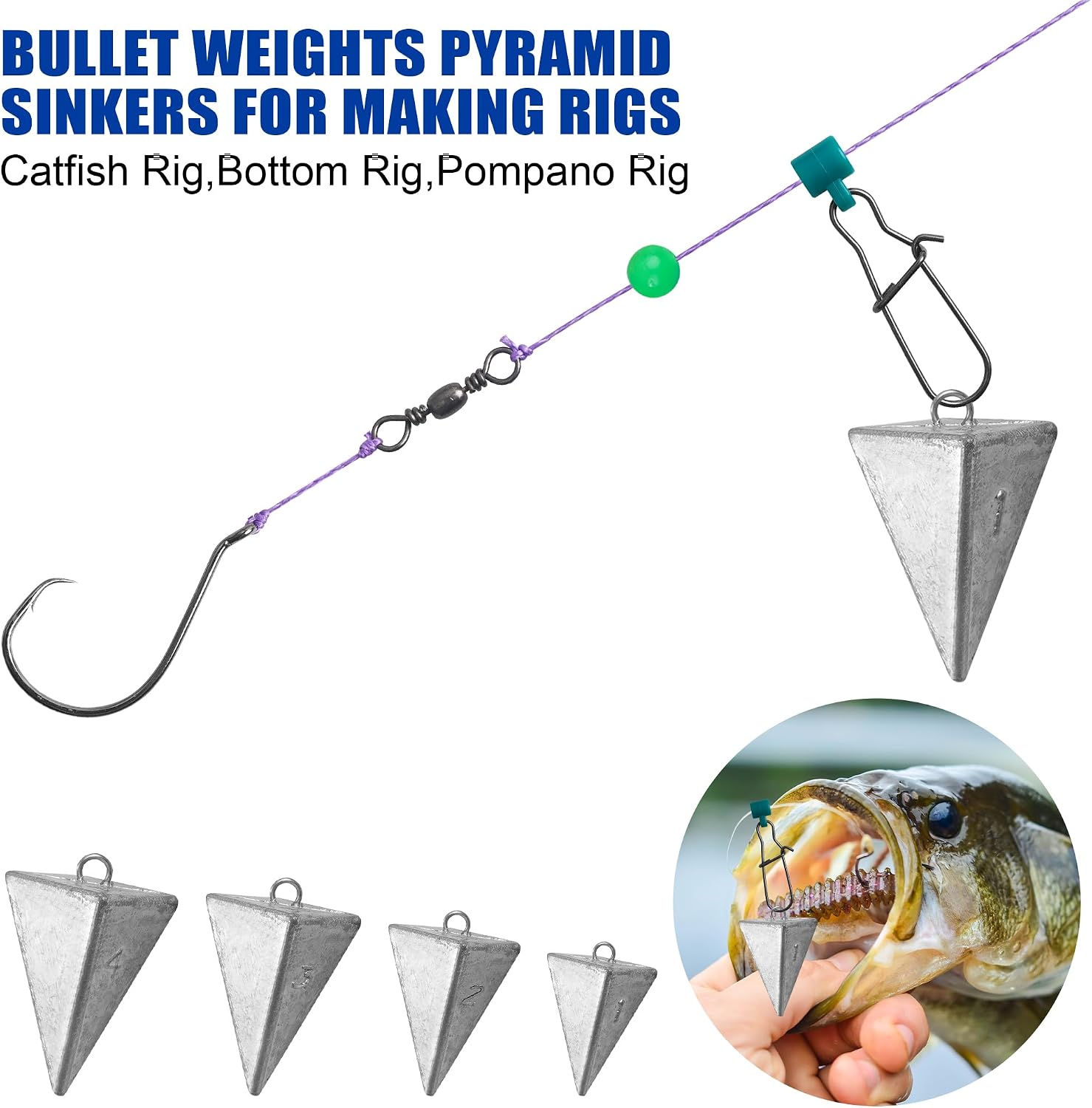 Pyramid Sinkers Surf Fishing Weights, Saltwater Catfishing Rig Tackle with Sinker Slides Barrel Swivels Pyramid Weights for Ocean Beach Pier Fishing Gear Tackle 1oz 2oz 3oz 4oz