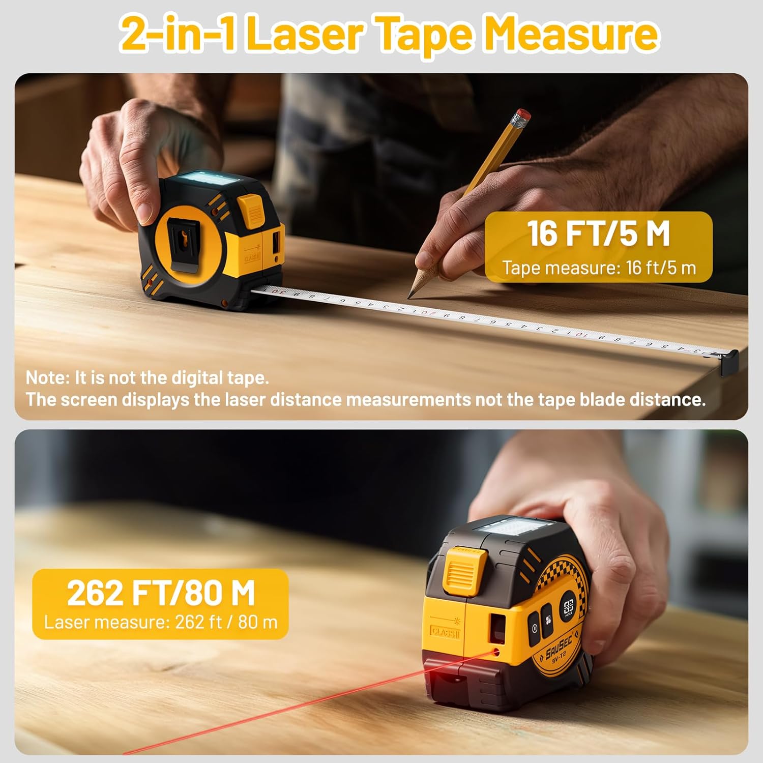 262Ft Laser Tape Measure, SAVSEC 2 in 1 Laser Measuring Tool & 16ft Self-Locking Measuring Tape, Digital Laser Distance Meter with Pythagorean, Area, Volume Measure & Ft/Ft+in/in/M Unit(80M)