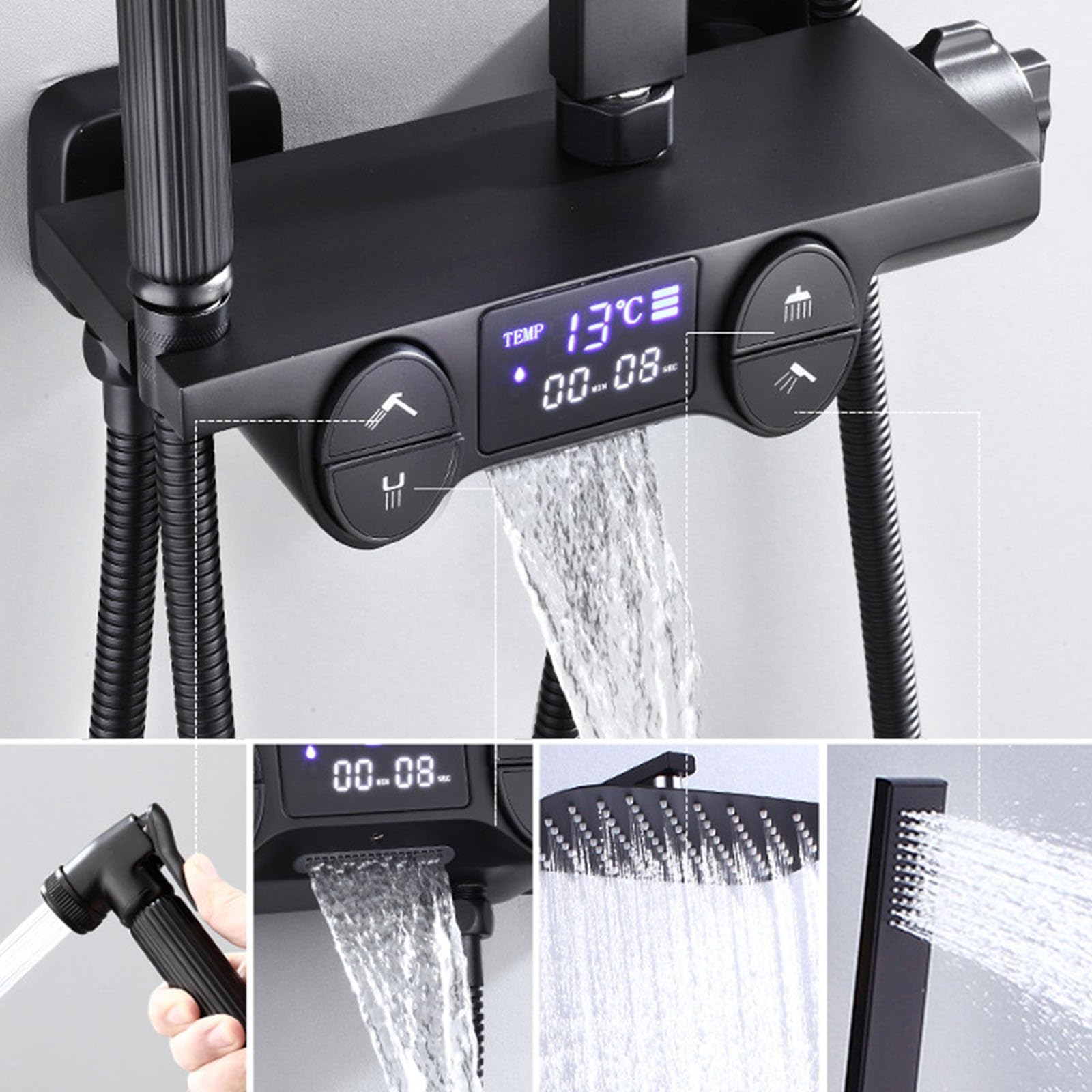 Sistema Doccia Nero con Display Digitale, Set Rubinetto termostatico per Bagno a 4 Vie con beccuccio per Vasca, soffione a Pioggia da 10", doccetta e doccetta per Bidet