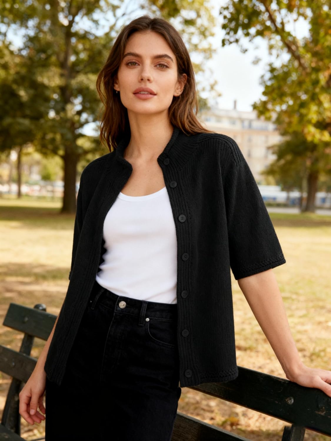 Bankeng Cropped Short Sleeve Cardigan Sweaters for Women Stand Up Collar Button Down Lightweight Knit Sweater Top - Image 2