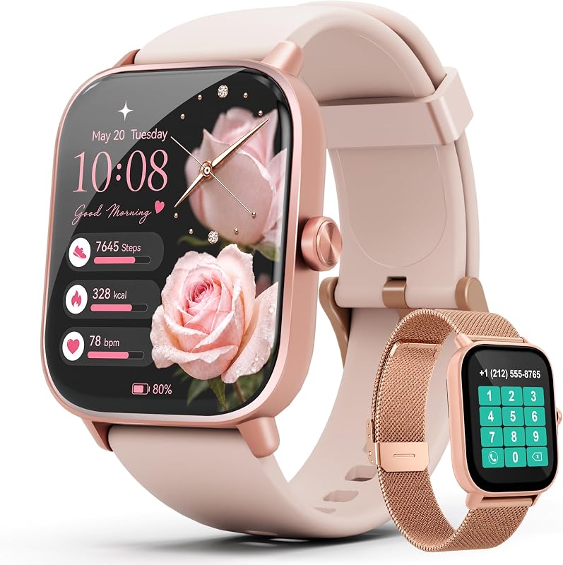 Reloj inteligente rosa para mujer Android y iPhone, pantalla táctil HD de 1,83", frecuencia cardíaca 24/7, rastreador de sueño y fitness, respuesta/hacer llamadas/más de 100 modos deportivos/recordatorio de mensajes, impermeable IP68, podómetro, 2 bandas