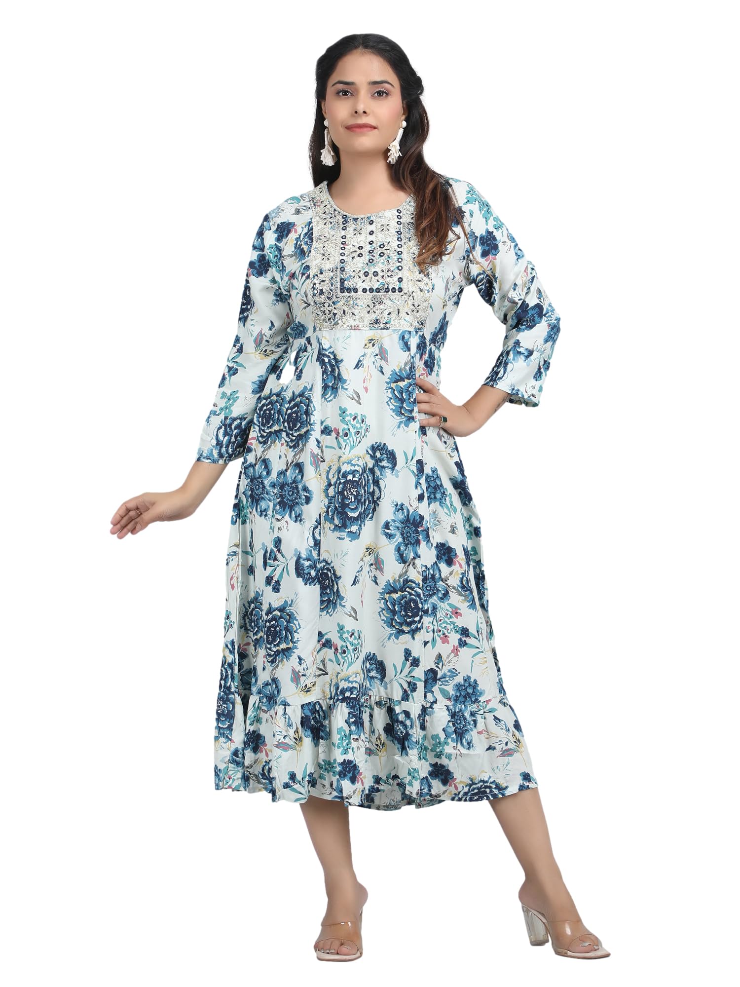 shifory Floral Print Blue 3/4 Quarter Sleeve Anarkali Kurti Gown, Rayon, Casual Wear, Round Neck, Machine Washable-picture-28