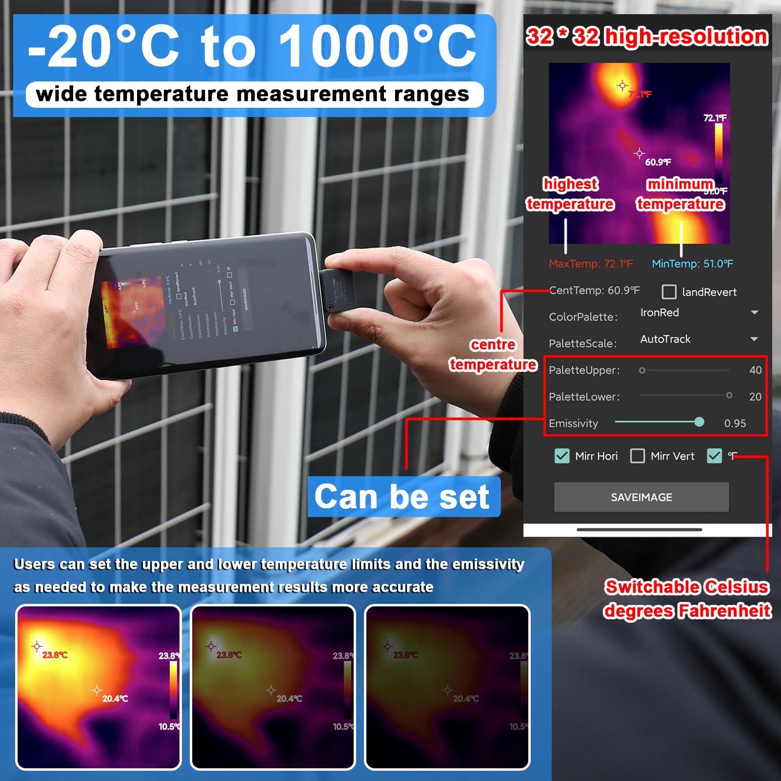 Cámara térmica, Mulcort Cámara termográfica portátil para teléfono móvil -20 ℃ a 1000 ℃ Soporte para cámara de imagen térmica pequeña Medición de temperatura central mínima máxima 5 modos de paleta