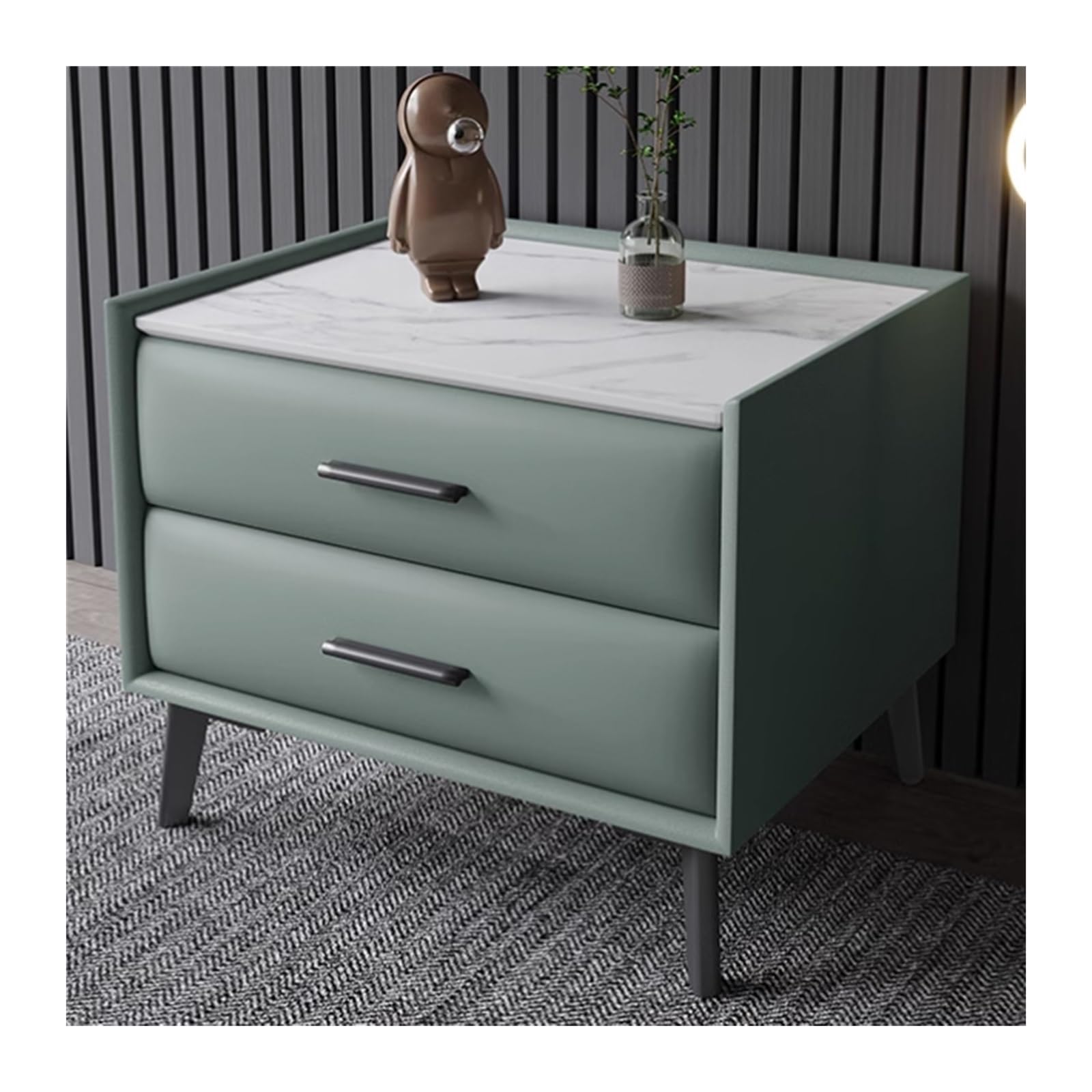 Nightstand Table Leather Nightstand Bedroom Bedside Table Carbon Alloy Leg Storage Bedside Furniture Spacious Rock Slab Countertop With Handle Two Drawers Bedside Table,Dark Green,Small