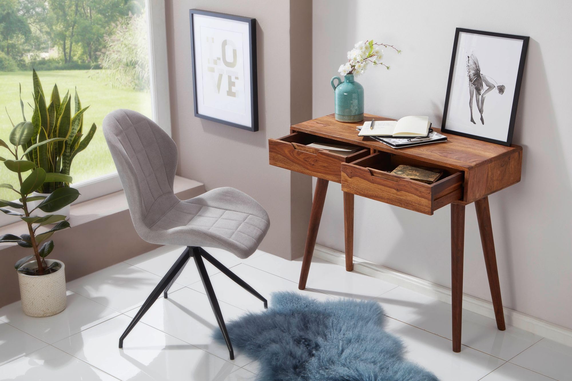 WOHNLING Consolle 90x36x76 cm Legno Massello di Sheesham, Cassetti