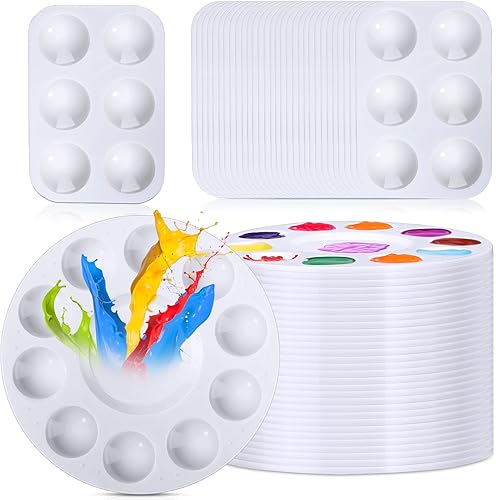 60 bandejas de pintura de plástico para niños y estudiantes, 30 paletas de pintura circulares blancas, 30 piezas rectangulares para pintura de