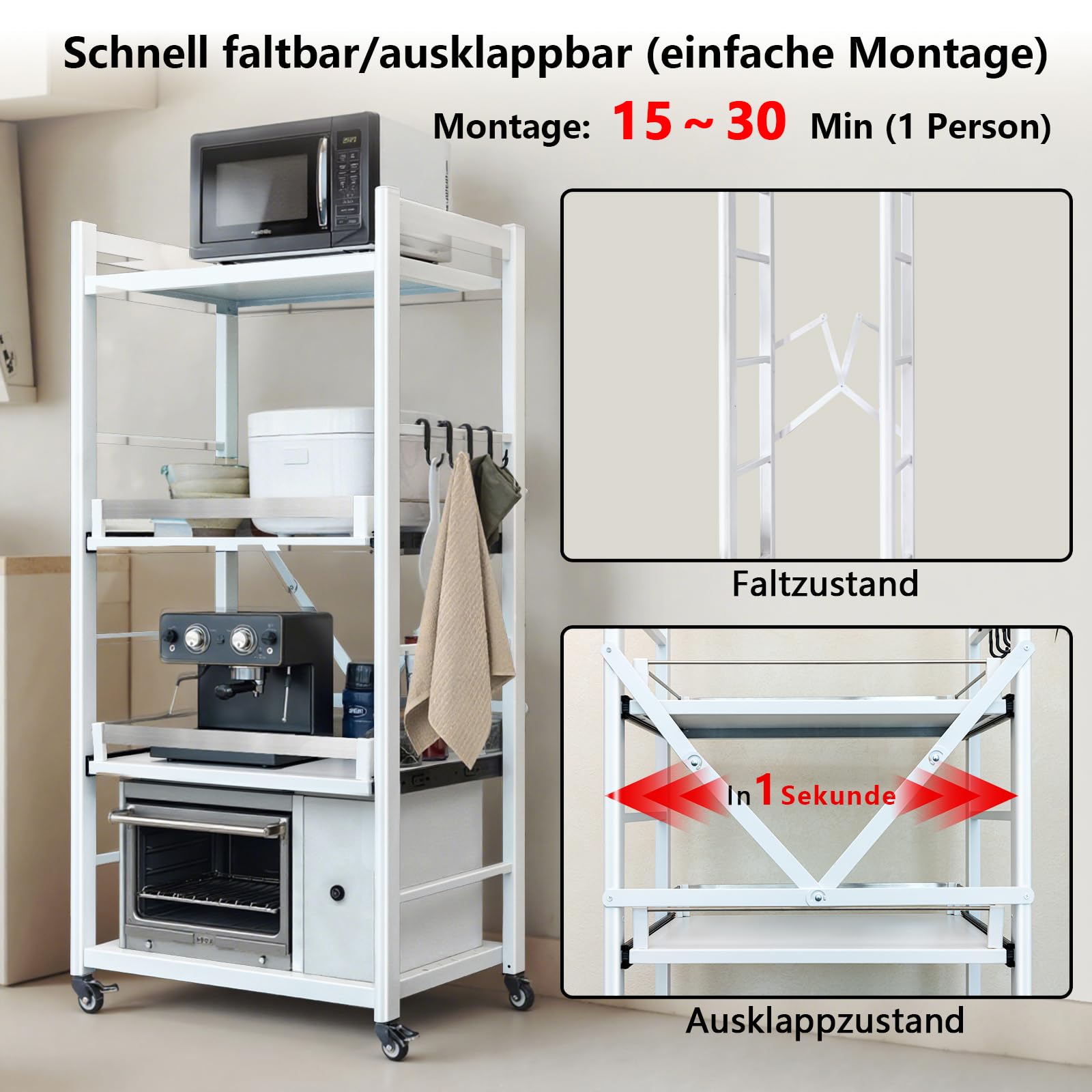 Étagère de cuisine à 4 niveaux en acier au carbone, capacité de 200 kg, étagère de rangement autonome avec plan de travail, organiseur sans perçage pour cuisine, salon, salle de bain, 80 cm de large