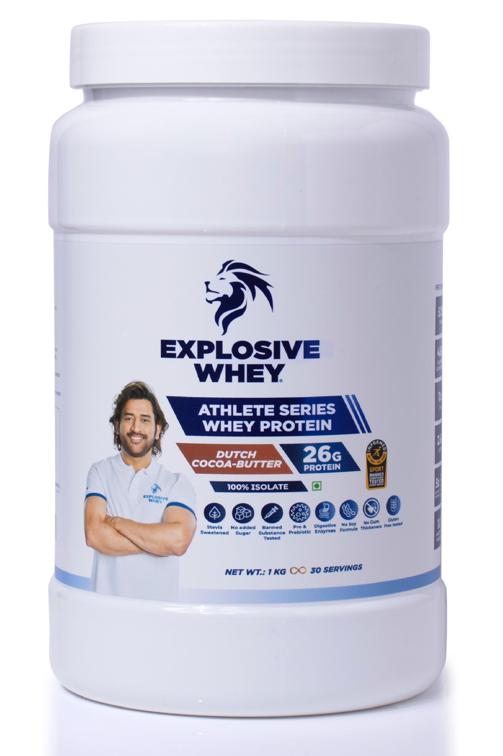Explosive Whey Athlete Series 100% Isolate Whey Protein | Trusted by M.S. Dhoni & Kedar Jadhav | Informed Sport Certified | Digestive Enzymes for Higher Absorption |1Kg - 26g Protein - Dutch Cocoa-Butter