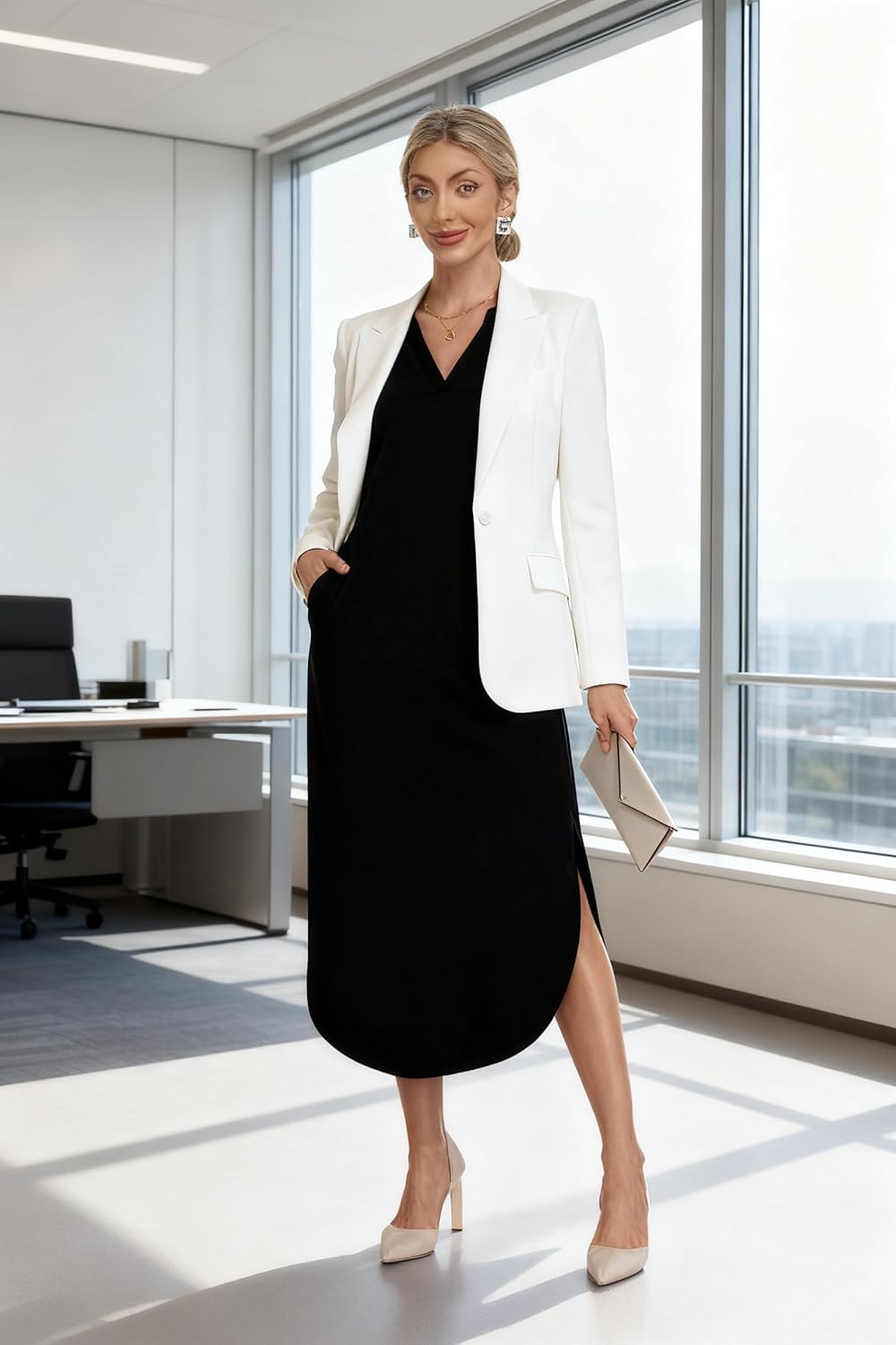 MISFAY Fall Dresses for Women 2026 Casual V Neck Long Sleeve Split Maxi Dress Loose Shirt Dress Solid Outfits with Pockets - Image 4