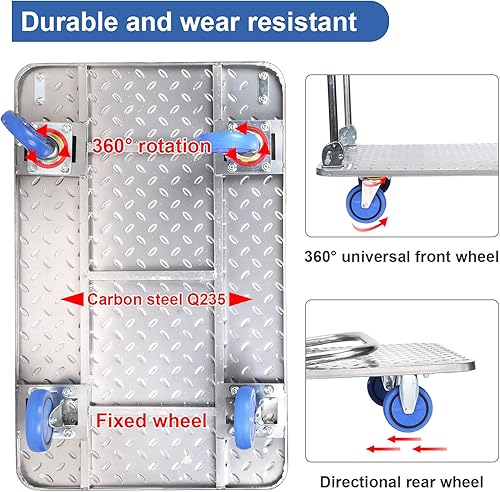 Miniatura 4 de Carrito de mano plegable resistente con capacidad de peso de 330 libras y ruedas giratorias de 360 grados, para carga y movimiento, plateado (28 x