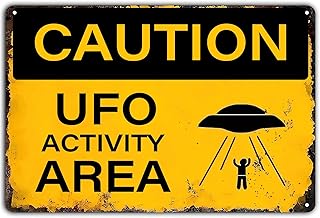 Caution UFO Activity Area Retro Tin Sign Boys Funny Alien Wall Decor Warning Metal Signs for Home Bars Restaurant Kitchen Bar Coffee Shop Pubs 12x8 Inch