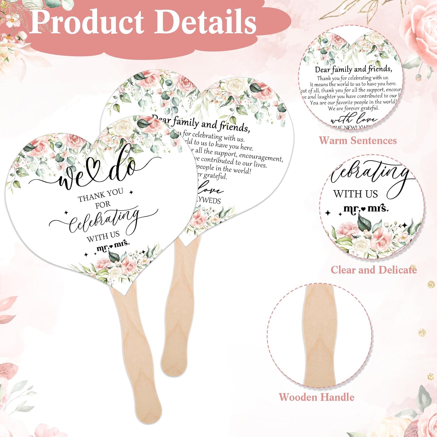 51 Pcs Wedding Fans for Guests Flower Wedding Favors 50 Flower Heart Wedding Paper Fans with Wood Handle, 1 Pcs Love Can Be Hot Wooden Wedding Table Sign Bridal Shower Favor