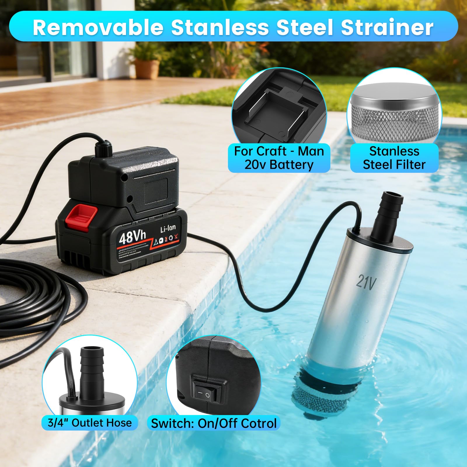 Pompe à eau portable 2 en 1, 30 l/min - Pompe submersible avec câble de 3 m et raccord de 50 mm pour jardin, voiture, piscine, camping, cave, étang