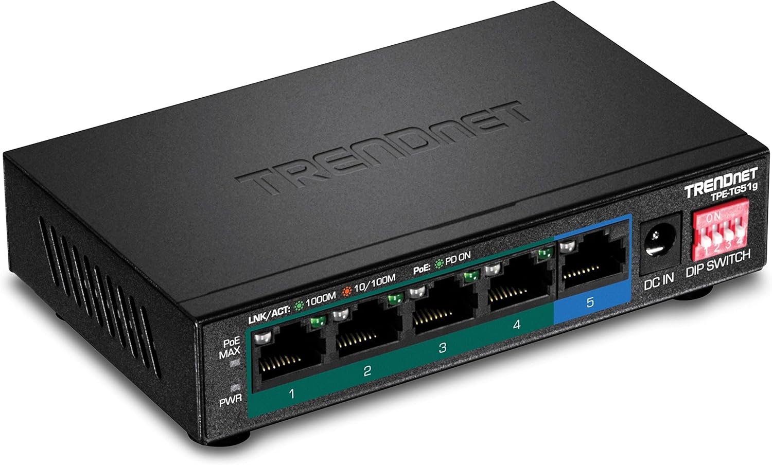 TRENDnet 5-Port Gigabit PoE+ Switch, 32W PoE Power Budget, 10Gbps Switching Capacity, IEEE 802.1p QoS, DSCP Pass-Through Support, Fanless, Wall Mountable, Black, TPE-TG52 (Renewed)