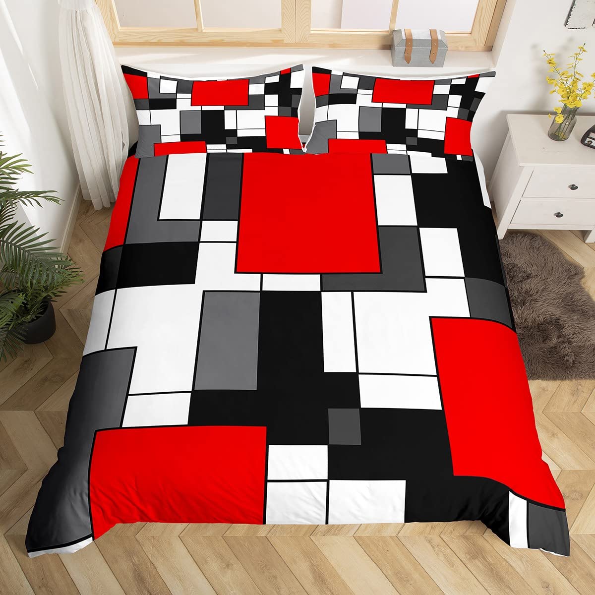Parure de lit housse de couette motif géométrique rouge pour lit double : fini la chambre terne
