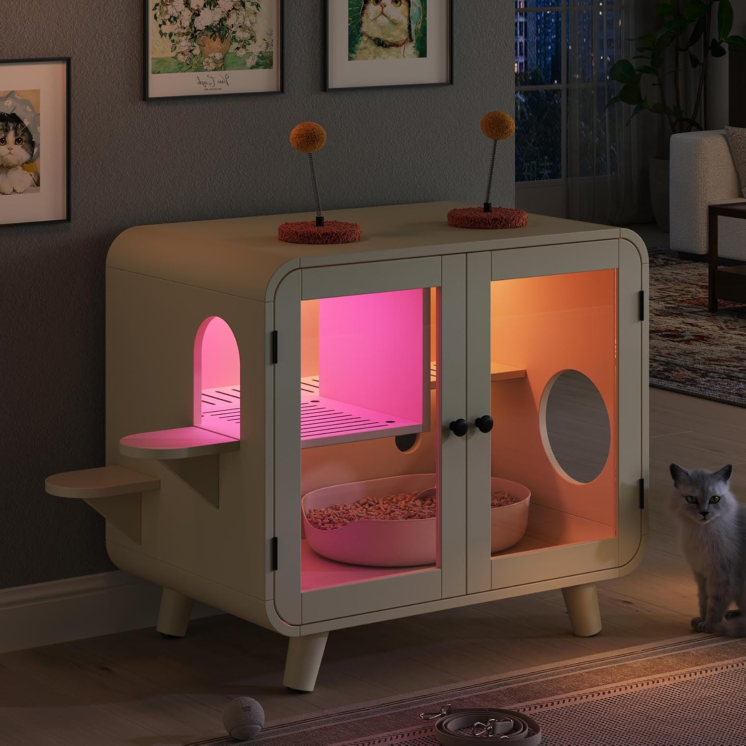30.7” Retro Cat Litter Box Furniture with Lighting & Toys, Hidden Litter Box Furniture with Stairs, Enclosed Cat House for Living Room Small Spaces, Cute, Easy Assembly (Beige)