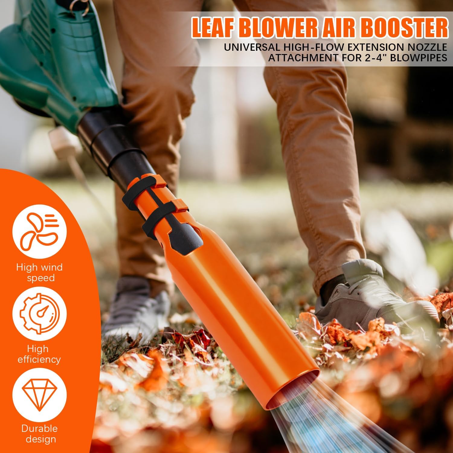 Leaf Blower Air Booster, Upgraded Leaf Blower Extension Booster Attachment, Airflow Amplifier Instantly Boosts Airflow, for Circular Nozzle Diameter of 2-4 inches, Orange - Image 2