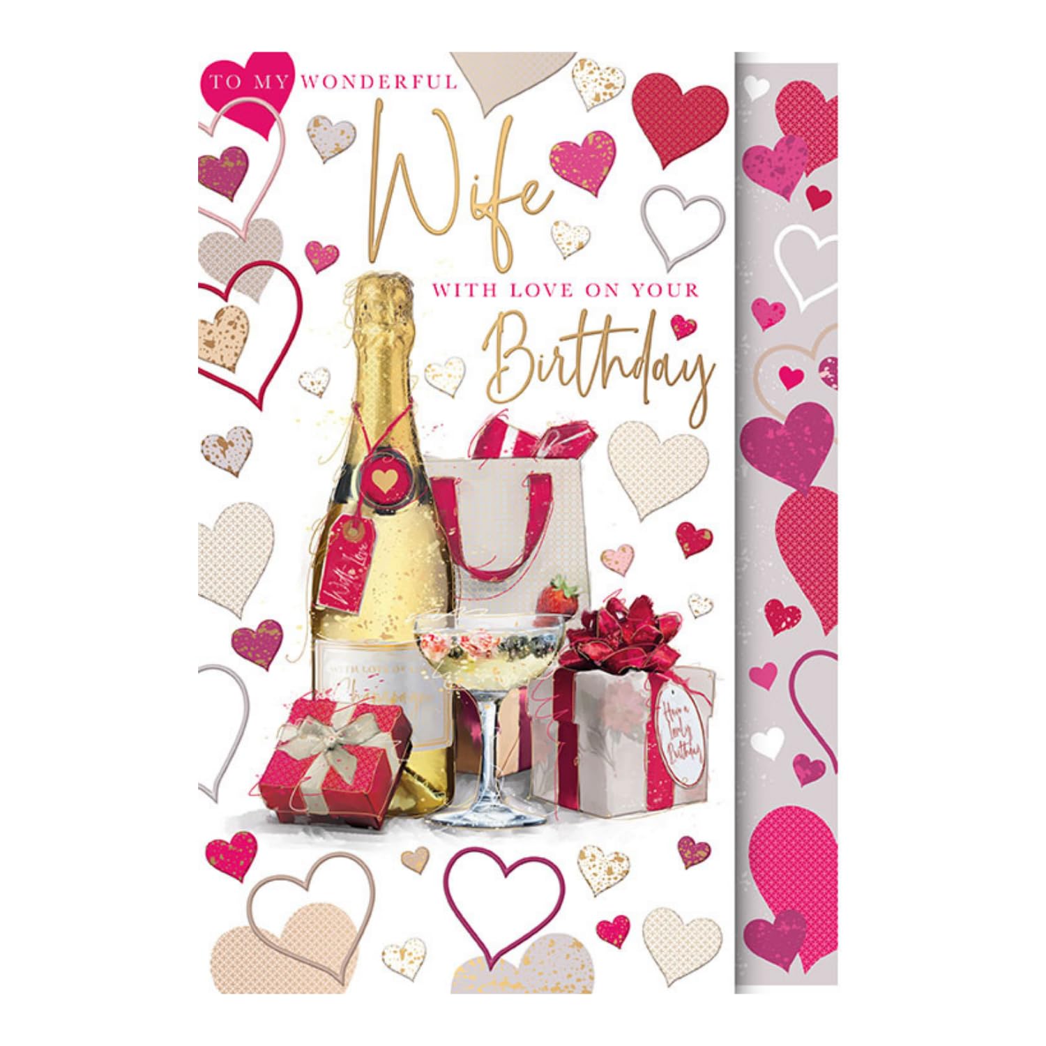 Words 'n' Wishes Wonderful Wife Large Birthday Card - Wrapped Gifts, Champagne and Hearts with Foil Finish - Eco-Friendly