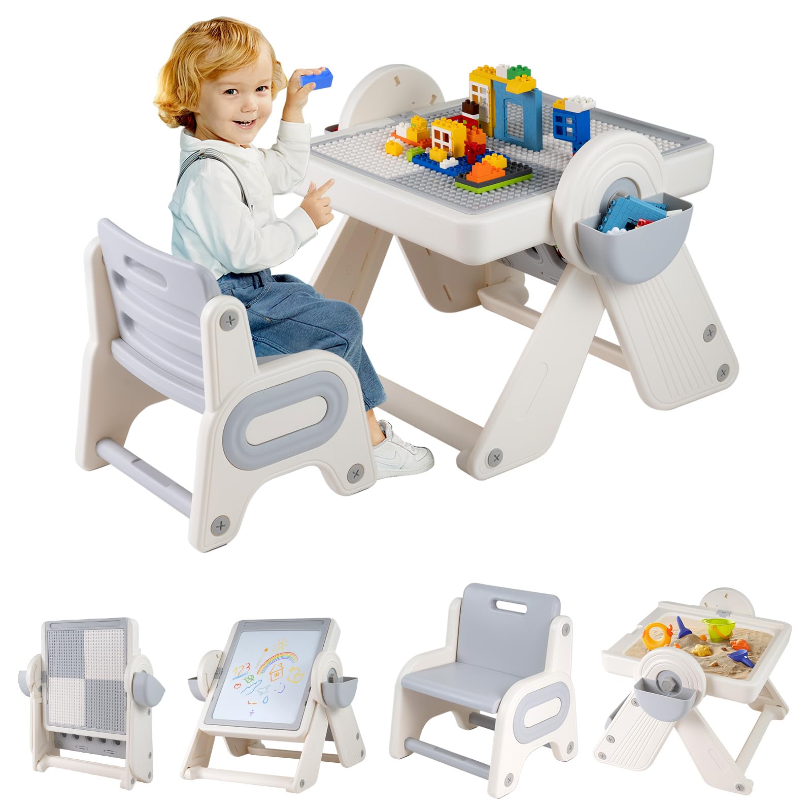 LIFEZEAL Tavolino e Sedia per Bambini 18+Mesi, in Plastica, Tavolo con Lavagna, Libreria, Tavola per Costruzioni, Vassoio di Acqua, Sabbia, Altezza Regolabile, Piano Inclinabile, Pieghevole (grigio)