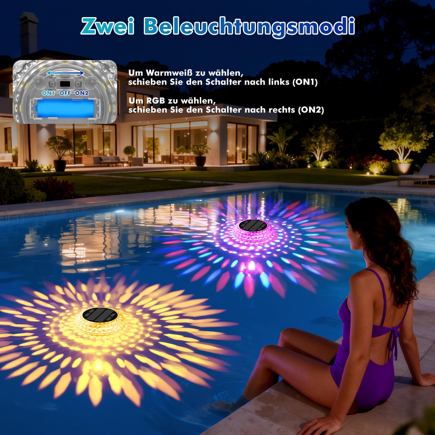 Shuniu Solar Poolbeleuchtung Unterwasser, 2 Stück Schwimmende LED Pool Licht, RGB & Warmweiß Modi, IP68 Wasserdicht, 600mAh Akku, Teichbeleuchtung für Whirlpool, Schwimmbad & Badewanne Deko